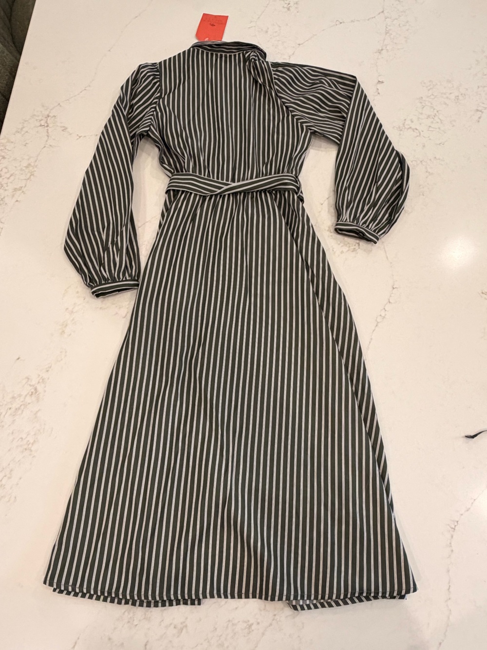 NWT FRNCH Paris Menthe Dress XS Moss Green Striped Button Front Tie Waist Midi - Picture 8 of 8